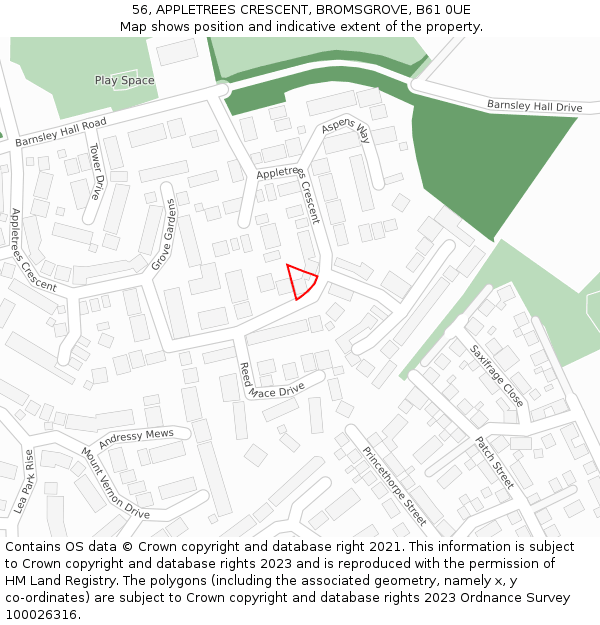 56, APPLETREES CRESCENT, BROMSGROVE, B61 0UE: Location map and indicative extent of plot