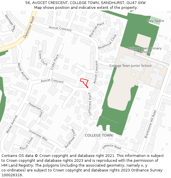 56, AVOCET CRESCENT, COLLEGE TOWN, SANDHURST, GU47 0XW: Location map and indicative extent of plot