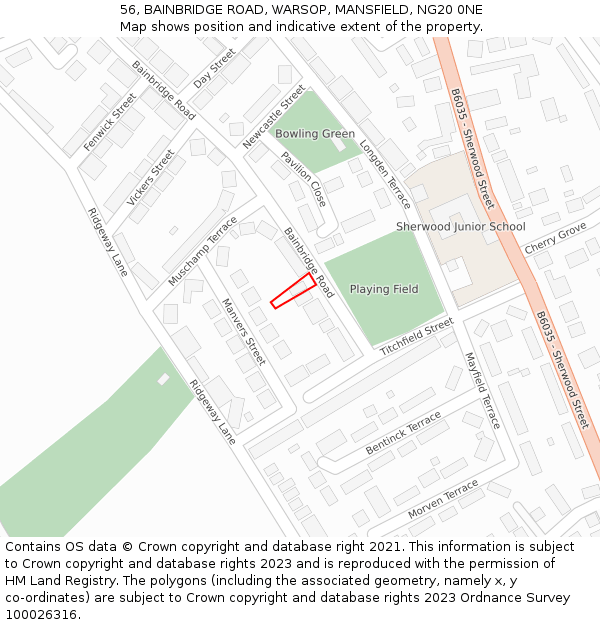 56, BAINBRIDGE ROAD, WARSOP, MANSFIELD, NG20 0NE: Location map and indicative extent of plot