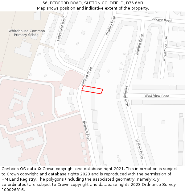 56, BEDFORD ROAD, SUTTON COLDFIELD, B75 6AB: Location map and indicative extent of plot