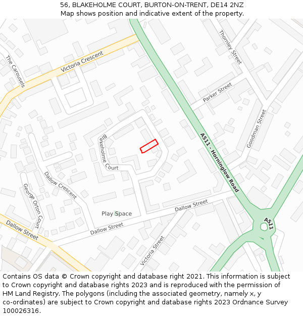 56, BLAKEHOLME COURT, BURTON-ON-TRENT, DE14 2NZ: Location map and indicative extent of plot