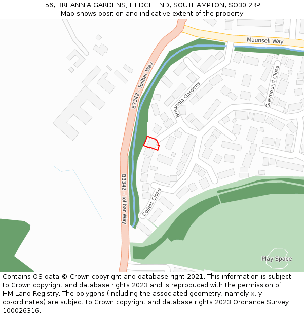 56, BRITANNIA GARDENS, HEDGE END, SOUTHAMPTON, SO30 2RP: Location map and indicative extent of plot