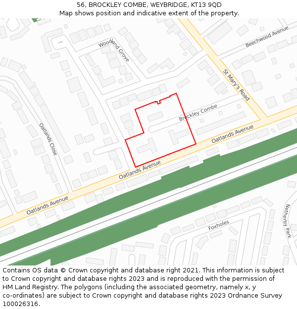 56, BROCKLEY COMBE, WEYBRIDGE, KT13 9QD: Location map and indicative extent of plot