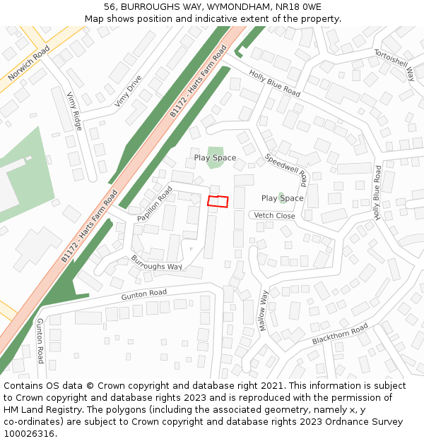 56, BURROUGHS WAY, WYMONDHAM, NR18 0WE: Location map and indicative extent of plot