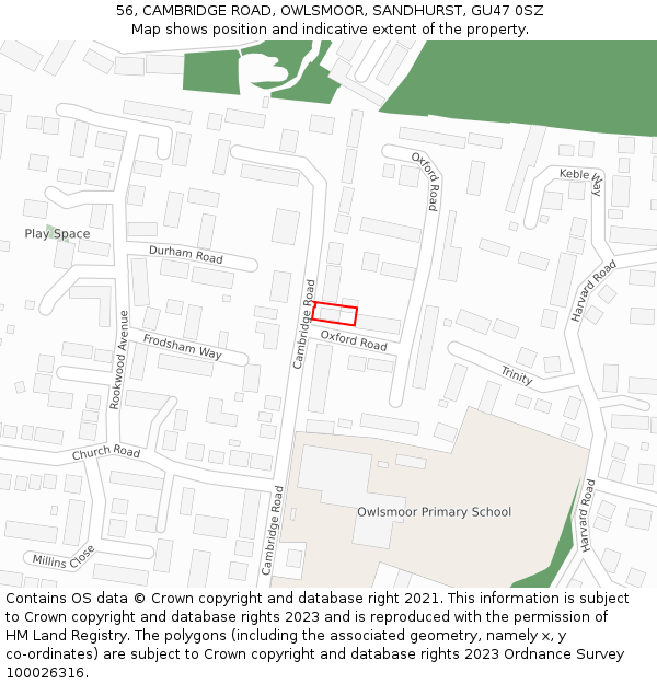 56, CAMBRIDGE ROAD, OWLSMOOR, SANDHURST, GU47 0SZ: Location map and indicative extent of plot