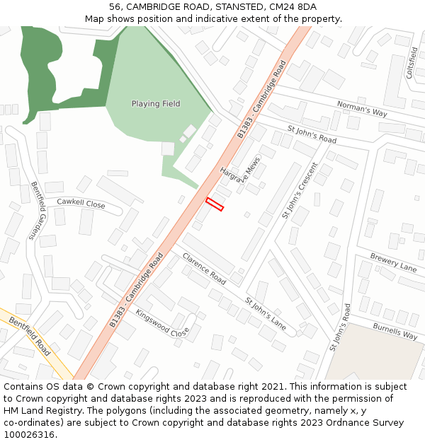 56, CAMBRIDGE ROAD, STANSTED, CM24 8DA: Location map and indicative extent of plot