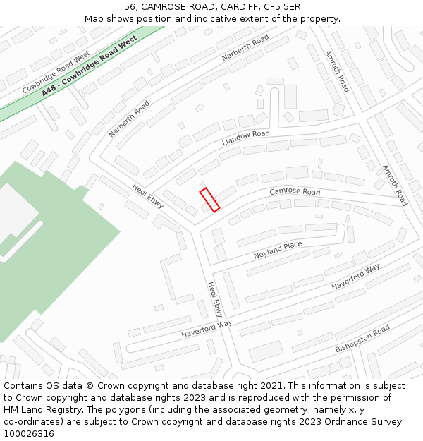 56, CAMROSE ROAD, CARDIFF, CF5 5ER: Location map and indicative extent of plot