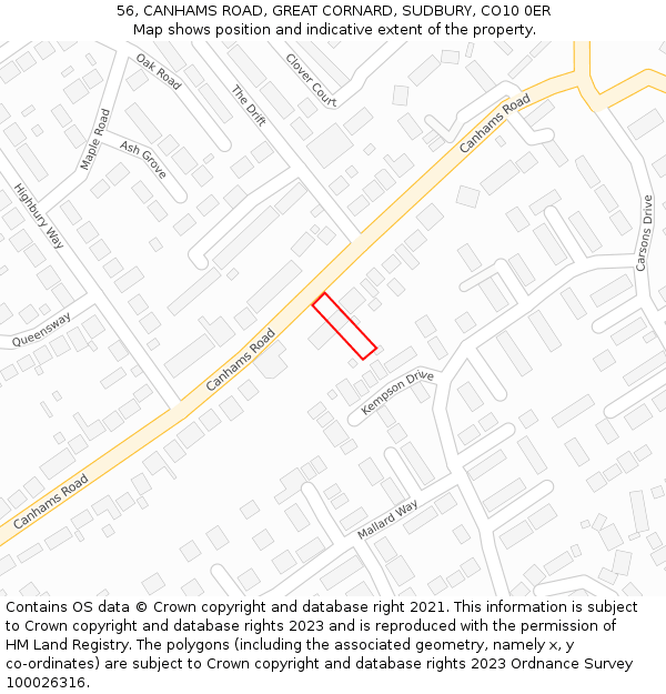 56, CANHAMS ROAD, GREAT CORNARD, SUDBURY, CO10 0ER: Location map and indicative extent of plot
