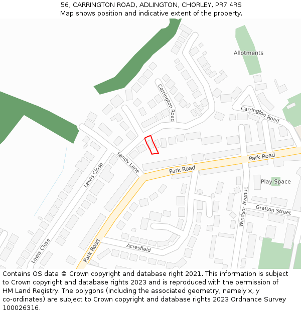 56, CARRINGTON ROAD, ADLINGTON, CHORLEY, PR7 4RS: Location map and indicative extent of plot