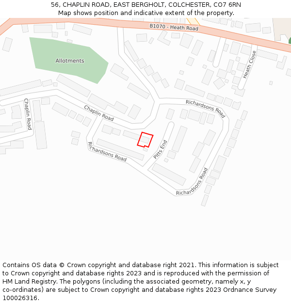 56, CHAPLIN ROAD, EAST BERGHOLT, COLCHESTER, CO7 6RN: Location map and indicative extent of plot