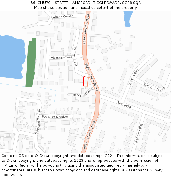 56, CHURCH STREET, LANGFORD, BIGGLESWADE, SG18 9QR: Location map and indicative extent of plot