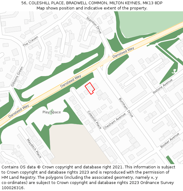 56, COLESHILL PLACE, BRADWELL COMMON, MILTON KEYNES, MK13 8DP: Location map and indicative extent of plot