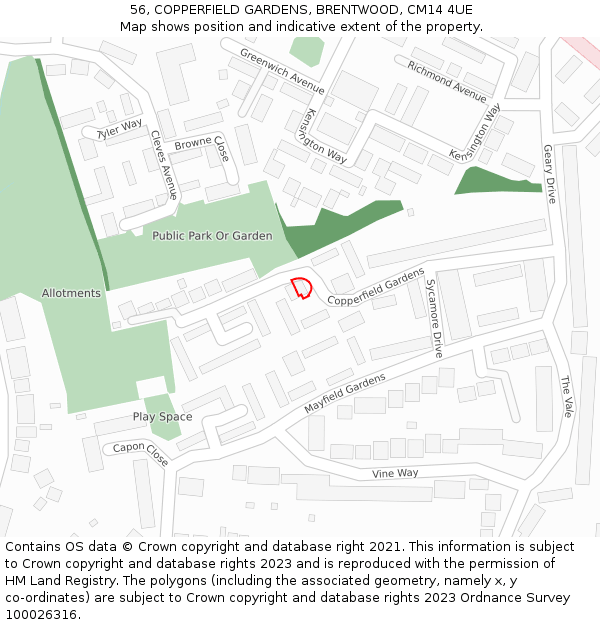 56, COPPERFIELD GARDENS, BRENTWOOD, CM14 4UE: Location map and indicative extent of plot