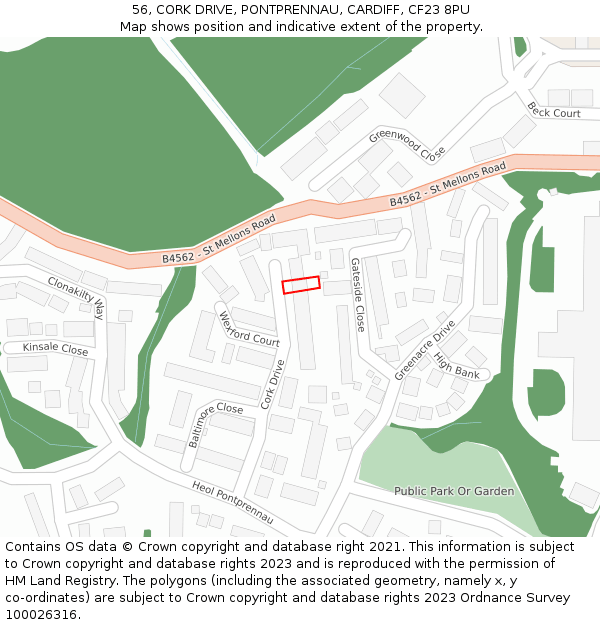 56, CORK DRIVE, PONTPRENNAU, CARDIFF, CF23 8PU: Location map and indicative extent of plot
