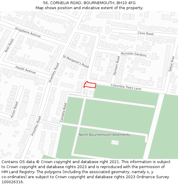 56, CORNELIA ROAD, BOURNEMOUTH, BH10 4FG: Location map and indicative extent of plot