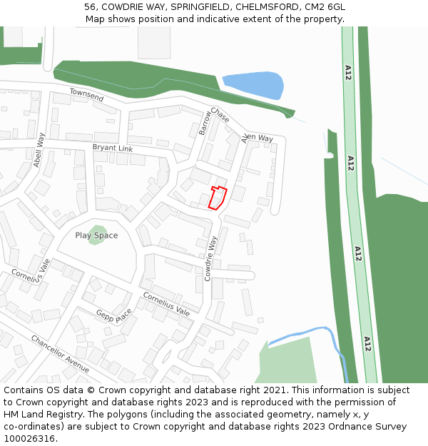 56, COWDRIE WAY, SPRINGFIELD, CHELMSFORD, CM2 6GL: Location map and indicative extent of plot