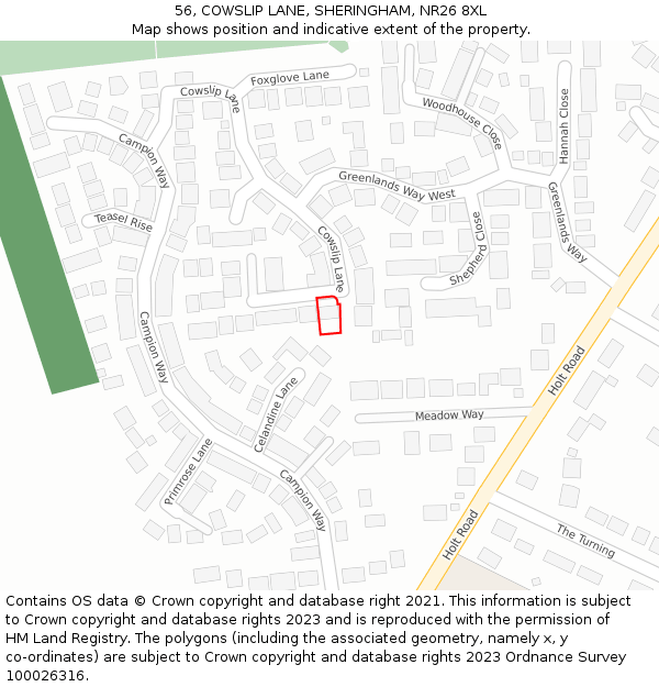 56, COWSLIP LANE, SHERINGHAM, NR26 8XL: Location map and indicative extent of plot