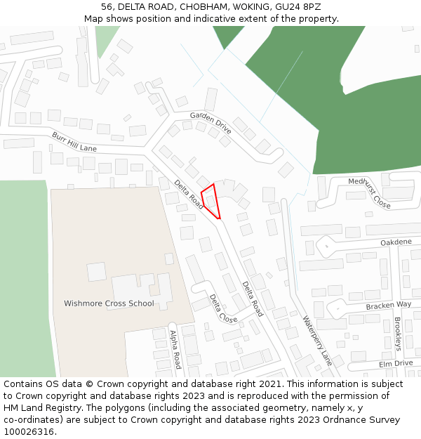 56, DELTA ROAD, CHOBHAM, WOKING, GU24 8PZ: Location map and indicative extent of plot