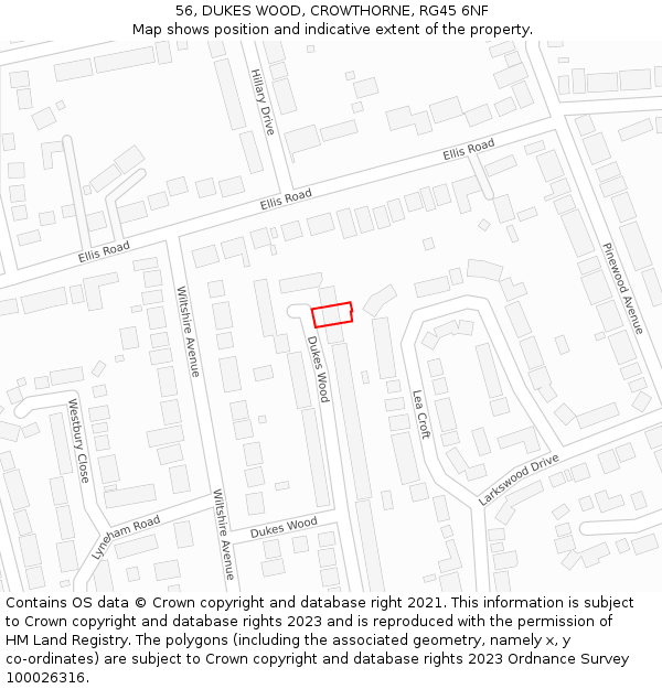 56, DUKES WOOD, CROWTHORNE, RG45 6NF: Location map and indicative extent of plot