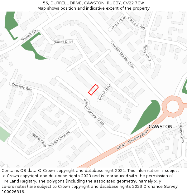 56, DURRELL DRIVE, CAWSTON, RUGBY, CV22 7GW: Location map and indicative extent of plot