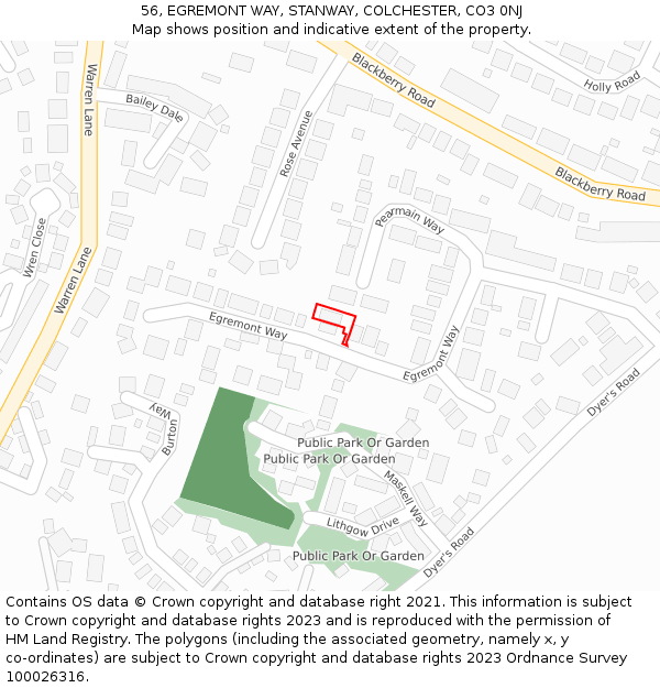 56, EGREMONT WAY, STANWAY, COLCHESTER, CO3 0NJ: Location map and indicative extent of plot