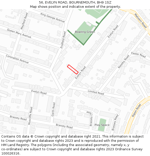 56, EVELYN ROAD, BOURNEMOUTH, BH9 1SZ: Location map and indicative extent of plot