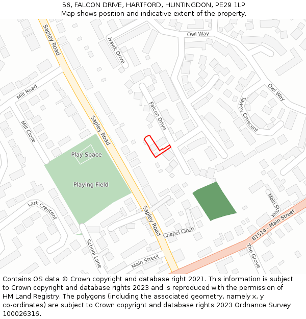 56, FALCON DRIVE, HARTFORD, HUNTINGDON, PE29 1LP: Location map and indicative extent of plot