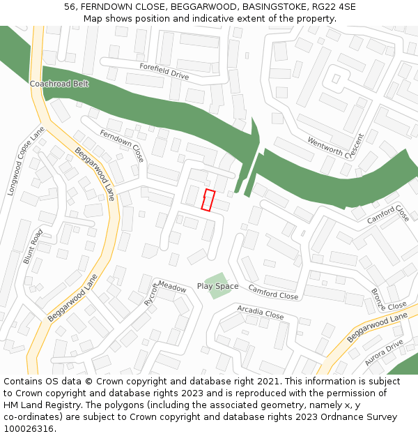 56, FERNDOWN CLOSE, BEGGARWOOD, BASINGSTOKE, RG22 4SE: Location map and indicative extent of plot
