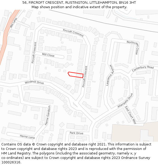 56, FIRCROFT CRESCENT, RUSTINGTON, LITTLEHAMPTON, BN16 3HT: Location map and indicative extent of plot