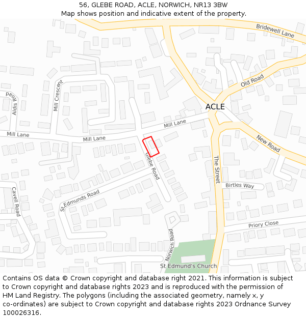 56, GLEBE ROAD, ACLE, NORWICH, NR13 3BW: Location map and indicative extent of plot