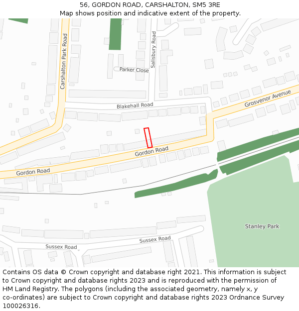 56, GORDON ROAD, CARSHALTON, SM5 3RE: Location map and indicative extent of plot