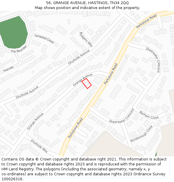 56, GRANGE AVENUE, HASTINGS, TN34 2QQ: Location map and indicative extent of plot