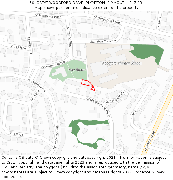 56, GREAT WOODFORD DRIVE, PLYMPTON, PLYMOUTH, PL7 4RL: Location map and indicative extent of plot