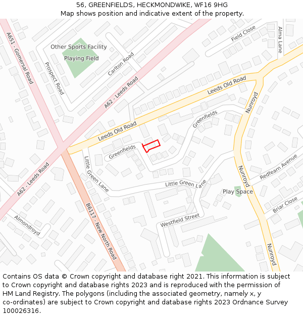56, GREENFIELDS, HECKMONDWIKE, WF16 9HG: Location map and indicative extent of plot
