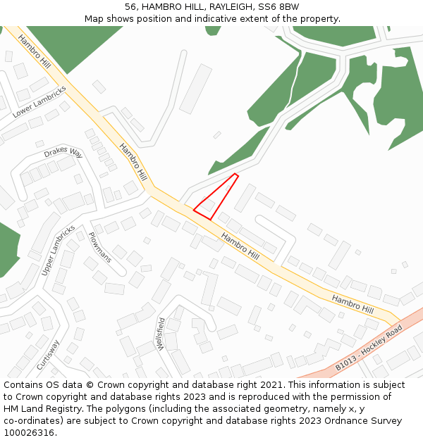 56, HAMBRO HILL, RAYLEIGH, SS6 8BW: Location map and indicative extent of plot