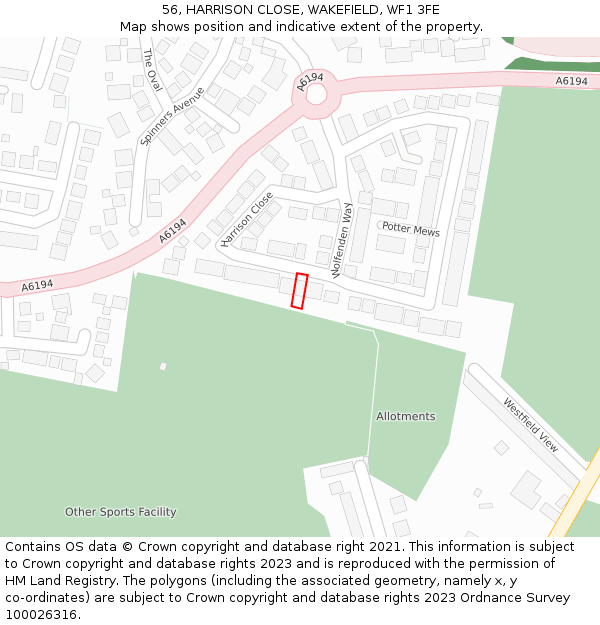 56, HARRISON CLOSE, WAKEFIELD, WF1 3FE: Location map and indicative extent of plot