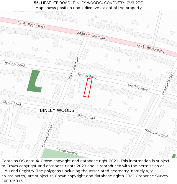 56, HEATHER ROAD, BINLEY WOODS, COVENTRY, CV3 2DD: Location map and indicative extent of plot