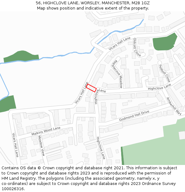56, HIGHCLOVE LANE, WORSLEY, MANCHESTER, M28 1GZ: Location map and indicative extent of plot