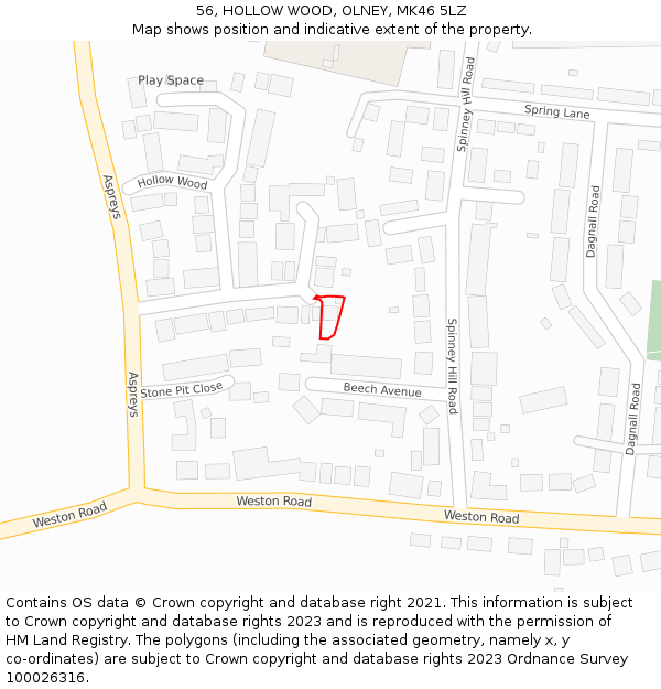 56, HOLLOW WOOD, OLNEY, MK46 5LZ: Location map and indicative extent of plot