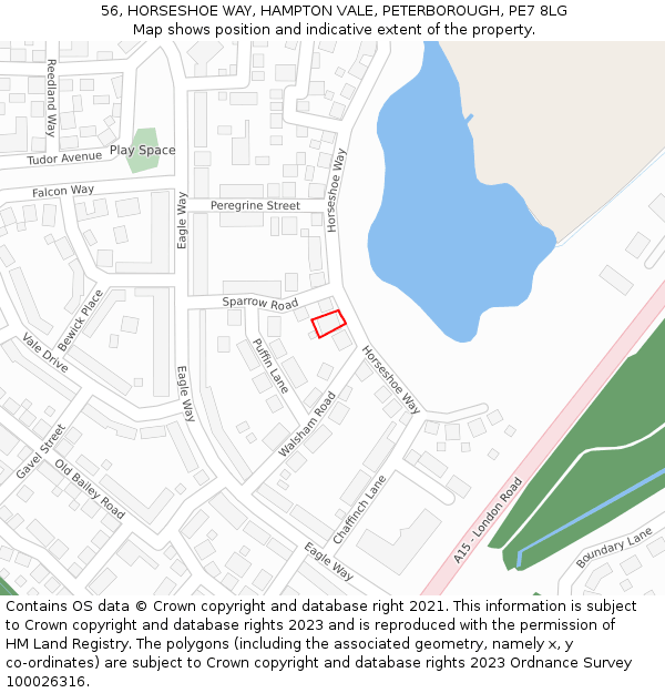 56, HORSESHOE WAY, HAMPTON VALE, PETERBOROUGH, PE7 8LG: Location map and indicative extent of plot