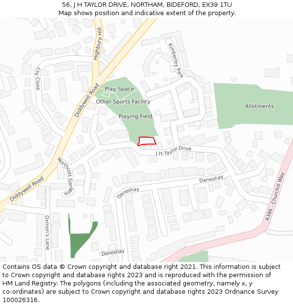 56, J H TAYLOR DRIVE, NORTHAM, BIDEFORD, EX39 1TU: Location map and indicative extent of plot