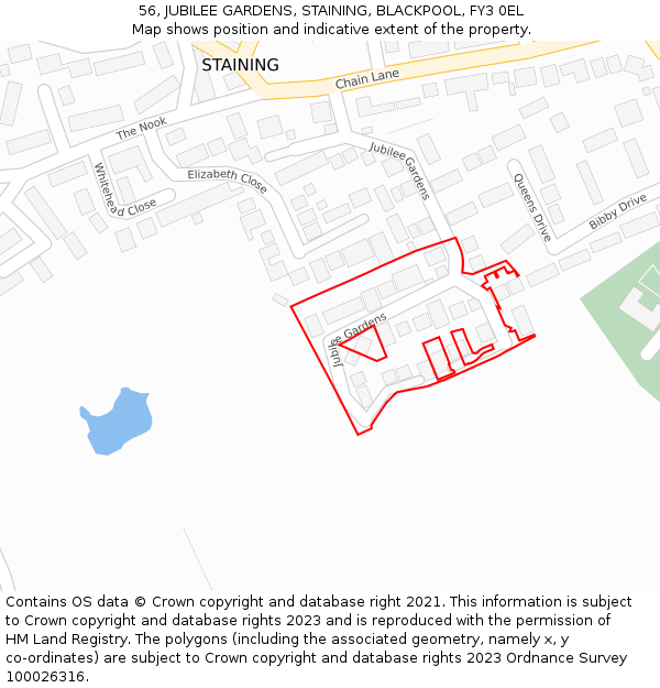 56, JUBILEE GARDENS, STAINING, BLACKPOOL, FY3 0EL: Location map and indicative extent of plot