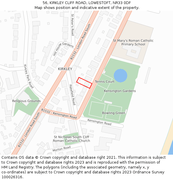 56, KIRKLEY CLIFF ROAD, LOWESTOFT, NR33 0DF: Location map and indicative extent of plot