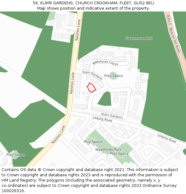 56, KUKRI GARDENS, CHURCH CROOKHAM, FLEET, GU52 8EU: Location map and indicative extent of plot