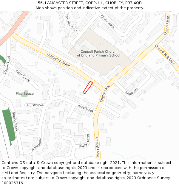 56, LANCASTER STREET, COPPULL, CHORLEY, PR7 4QB: Location map and indicative extent of plot