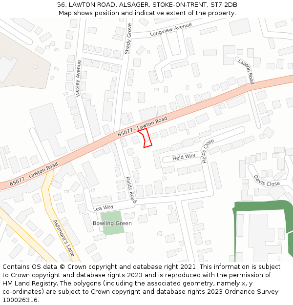 56, LAWTON ROAD, ALSAGER, STOKE-ON-TRENT, ST7 2DB: Location map and indicative extent of plot