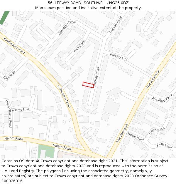 56, LEEWAY ROAD, SOUTHWELL, NG25 0BZ: Location map and indicative extent of plot