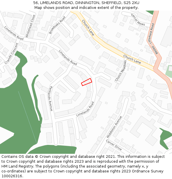 56, LIMELANDS ROAD, DINNINGTON, SHEFFIELD, S25 2XU: Location map and indicative extent of plot