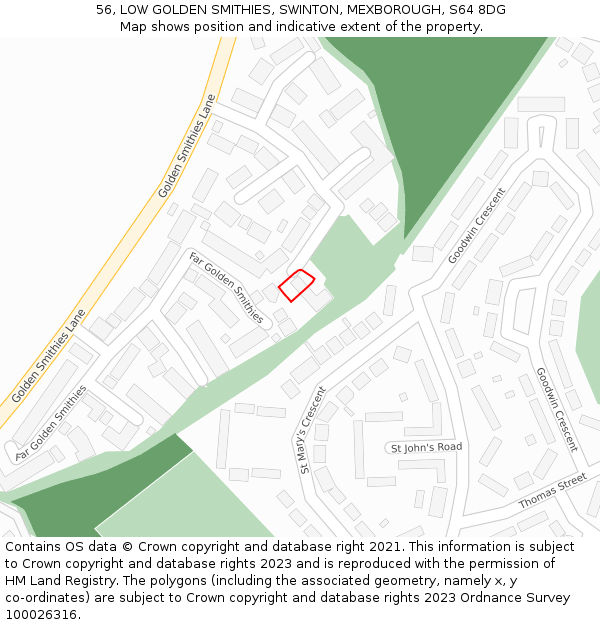 56, LOW GOLDEN SMITHIES, SWINTON, MEXBOROUGH, S64 8DG: Location map and indicative extent of plot