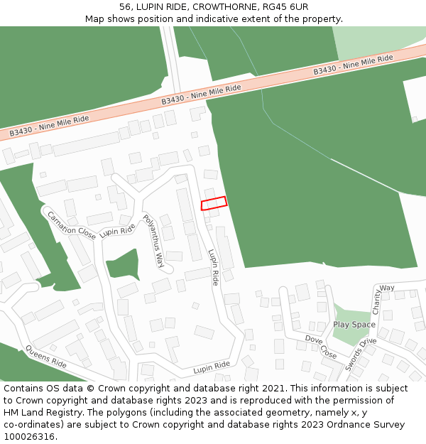 56, LUPIN RIDE, CROWTHORNE, RG45 6UR: Location map and indicative extent of plot